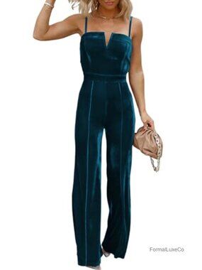 Women's Sleeveless V Neck Velvet Jumpsuit Wide Leg Romper Dressy